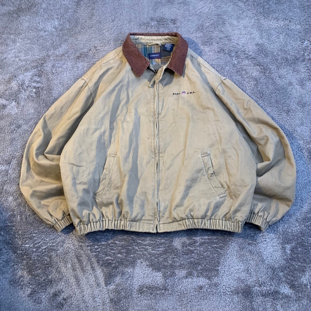 Gant USA Vintage Harrington Jacket Tan Cotton Corduroy Collar Plaid Lined Mens